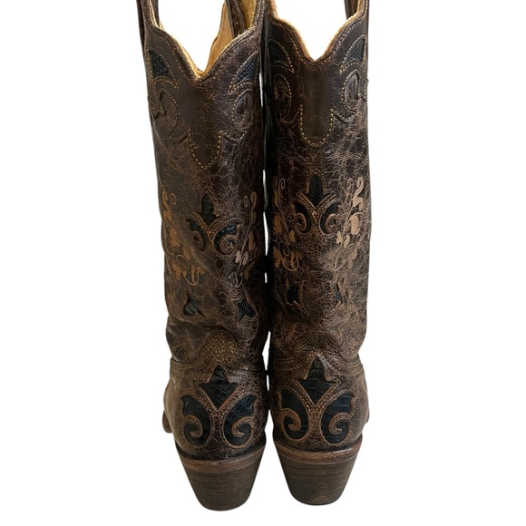 Corral Boots Brown Distressed Lizard Inlay Snip Toe style C2118, Sz 7 - Picture 4 of 16
